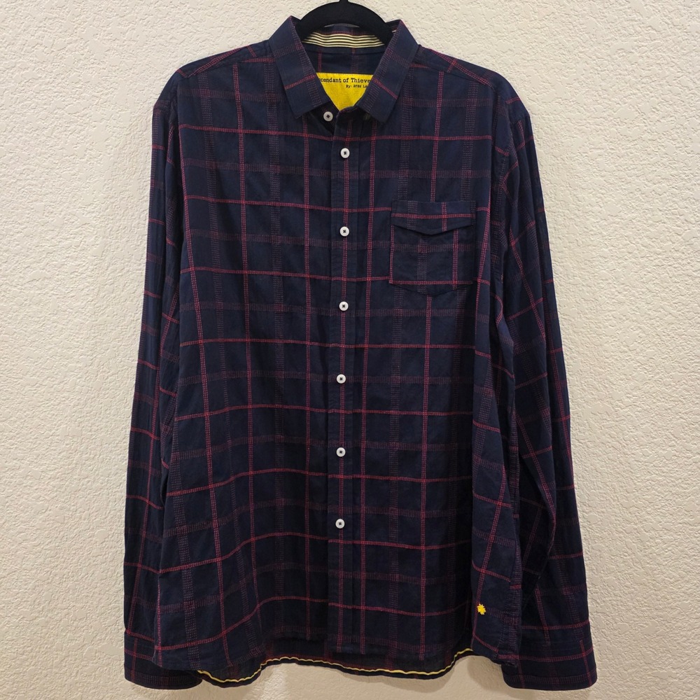Descendant of Thieves Mens XL Navy Blue Red Grid Cotton Button Down Shirt HTF